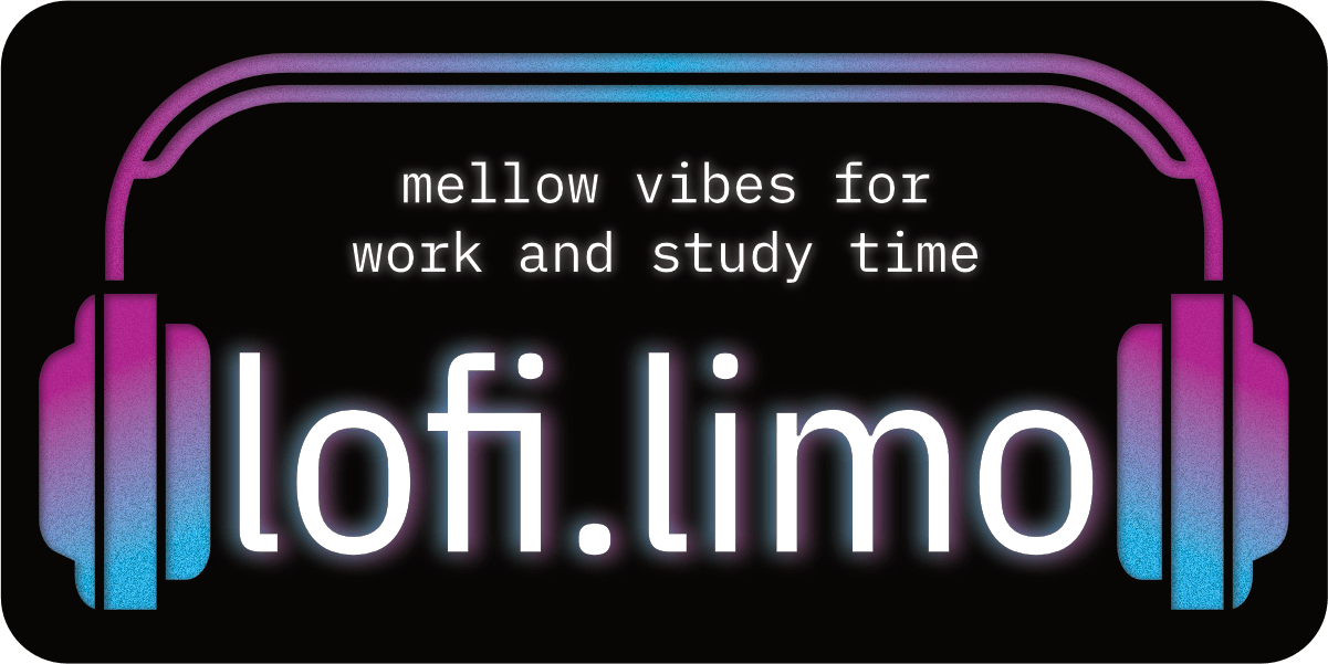 The lofi.limo logo glows between the earpieces of a pair of
	headphones. Just under the headphone bow appear the words: mellow vibes for
	work and study time.